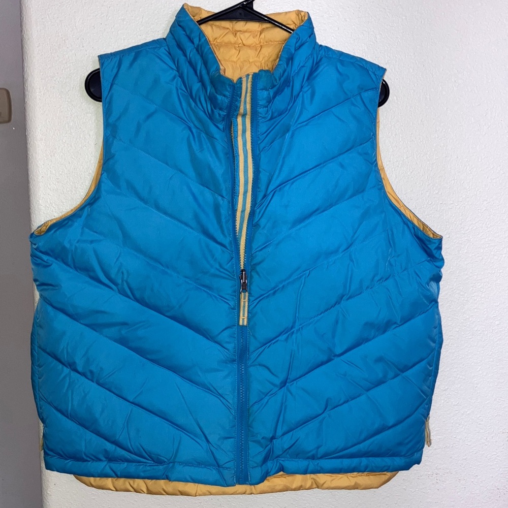Coldwater Creek Blue and Yellow Reversible‎ Goose Down Puffer Vest Zip Pockets